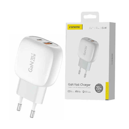 Adaptador Foneng EU41 Portas Dual (USB A+Tipo C) PD+QC 20W Branco